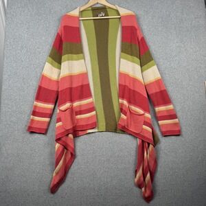 J Jill Cardigan Sweater Womens Medium Pink Green Striped Open Front Waterfall